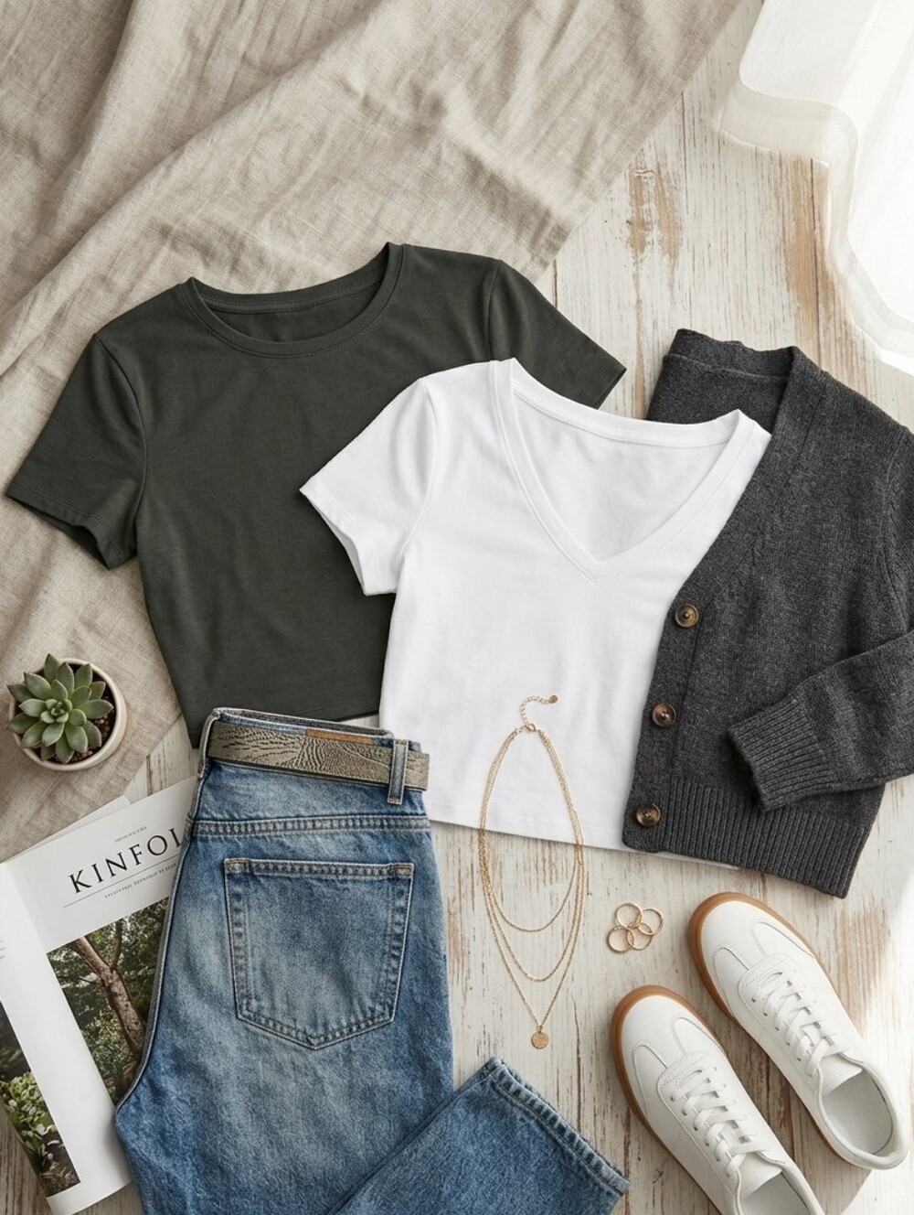 WILD FABLE Crewneck Green & V-neck White Shirt Sleeve Cropped Tops T-shirts